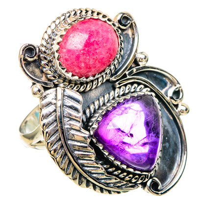 Ornate sterling silver ring with pink oval rhodochrosite and purple oval amethyst cabochons