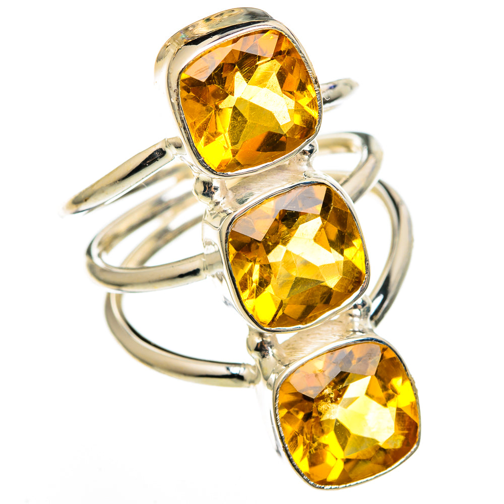 Citrine ring with three oval faceted yellow gemstones on polished 925 sterling silver band