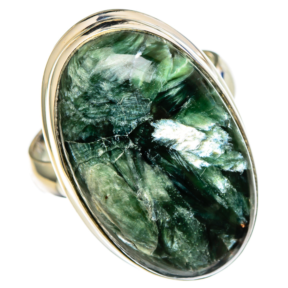 Large oval seraphinite ring, green stone cabochon, 925 sterling silver band