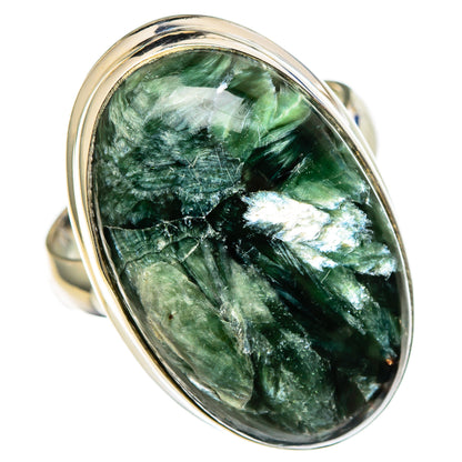 Large oval seraphinite ring, green stone cabochon, 925 sterling silver band