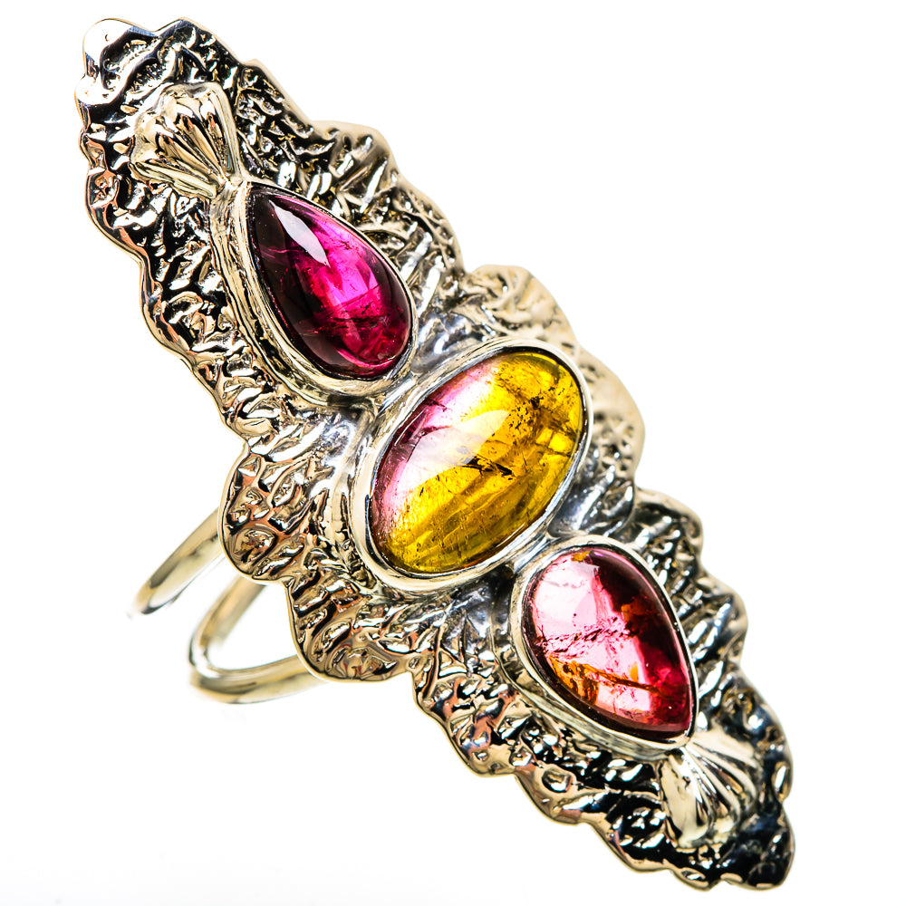 Sterling silver ornate ring with oval pink, yellow, and red gemstones