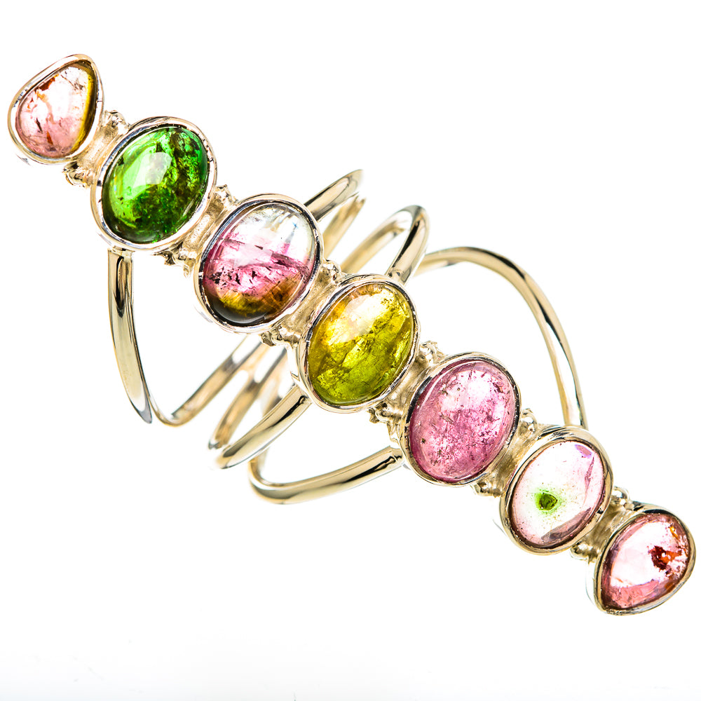 Oval multicolor tourmaline gemstone sterling silver ring with pink, green and yellow stones
