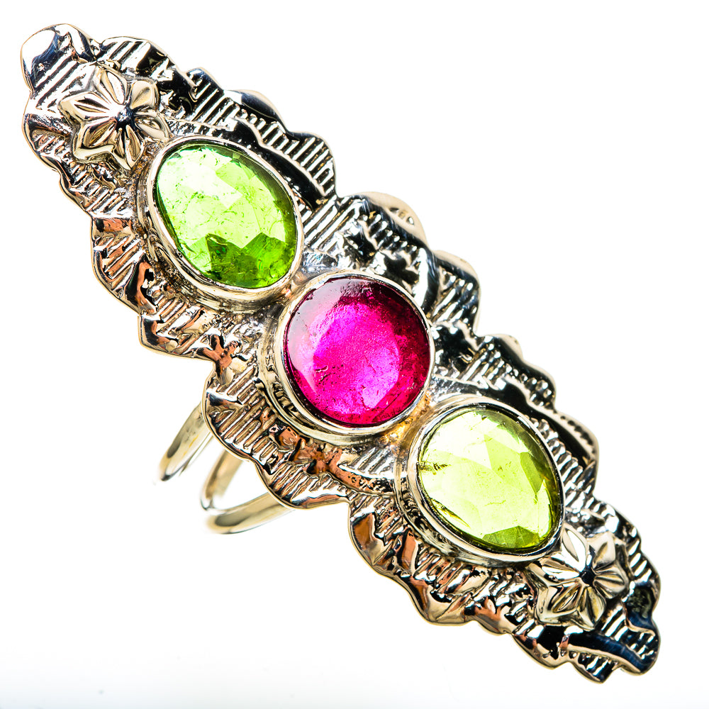 Size 8 sterling silver ring with three oval green and pink gemstone settings