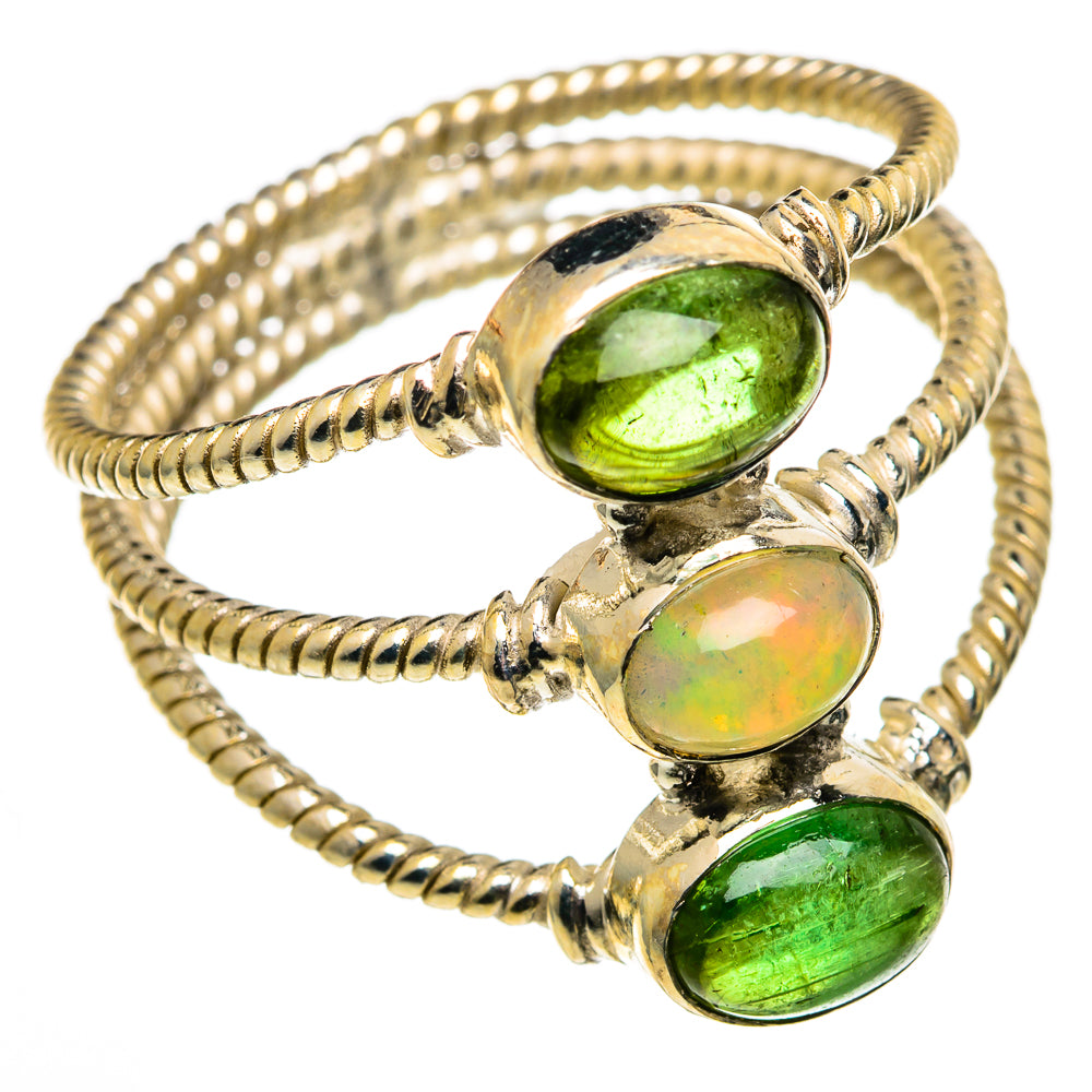 Three-stone oval opal and green peridot sterling silver ring with ribbed texture