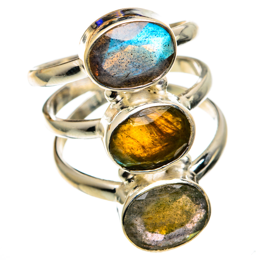 Sterling silver ring with three oval labradorite cabochons, blue, gold, and gray