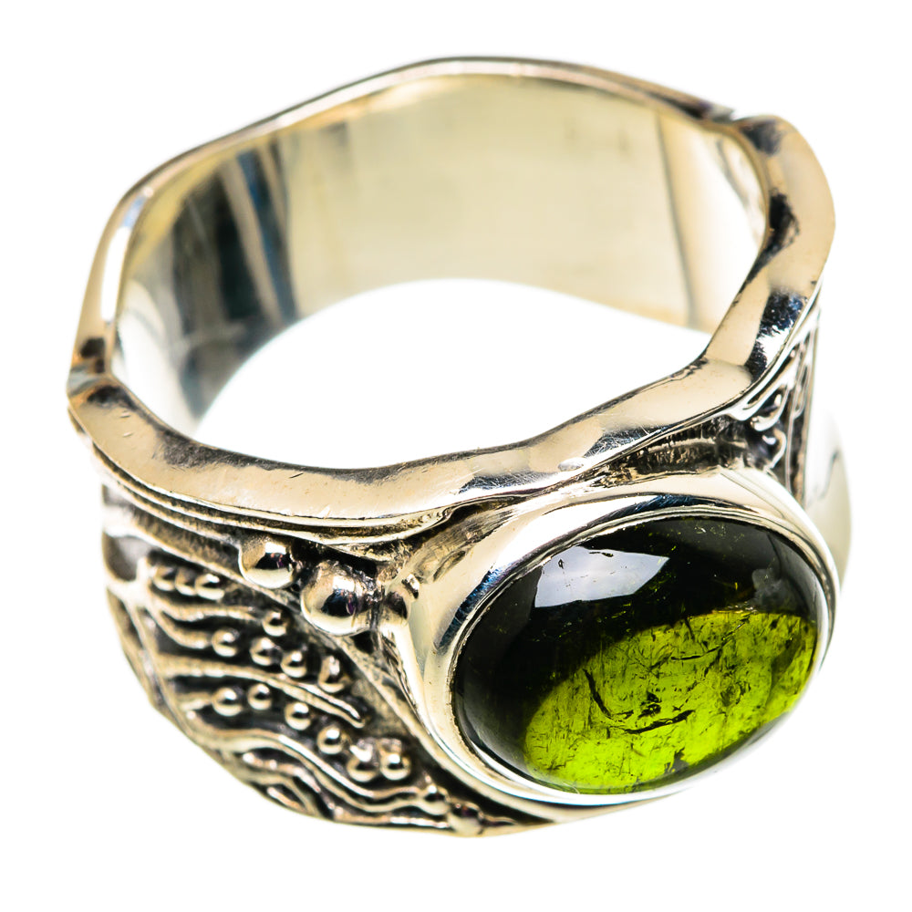 Sterling silver ring with bright green oval tourmaline cabochon and ornate band, 7.25
