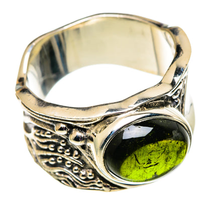 Sterling silver ring with bright green oval tourmaline cabochon and ornate band, 7.25