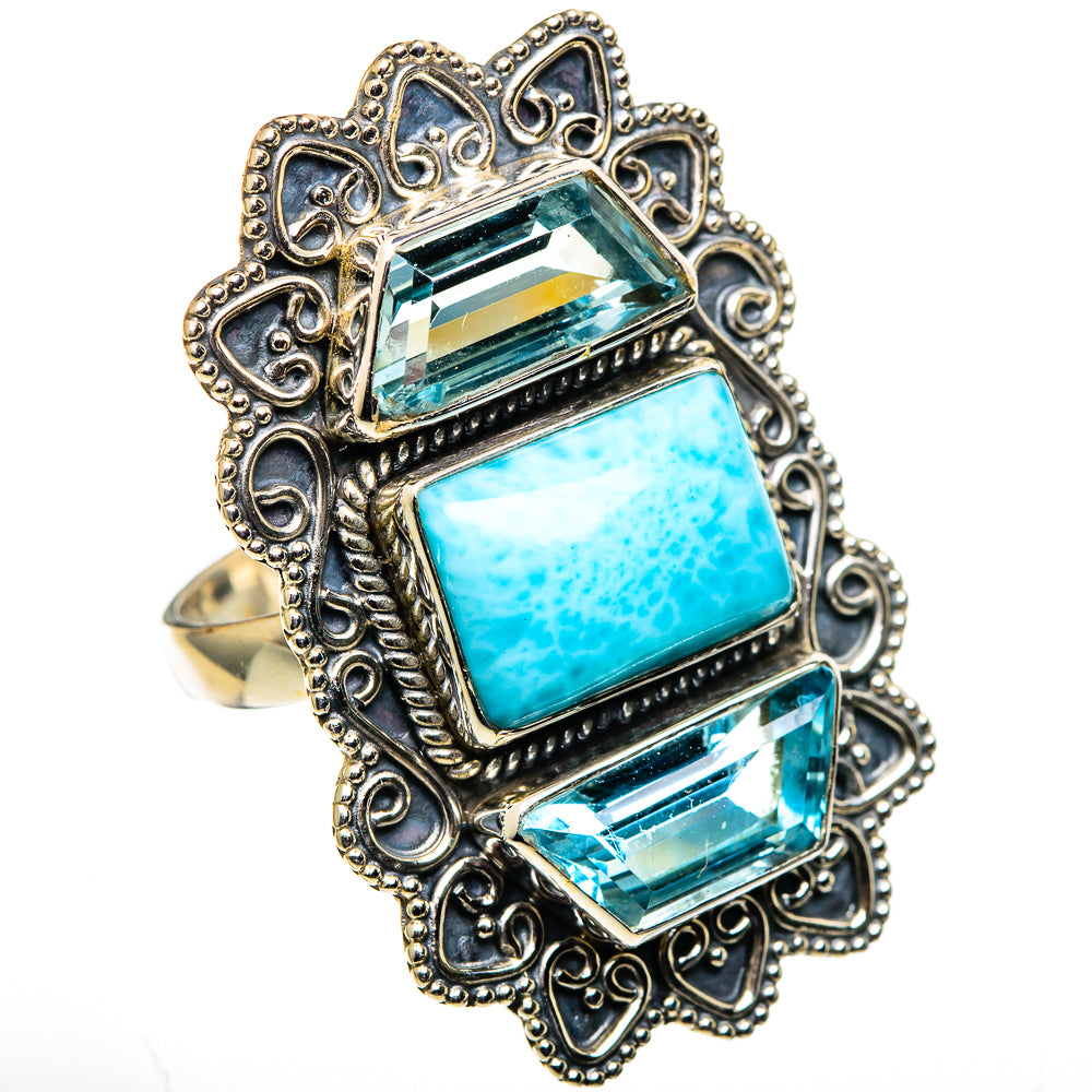 Antiqued silver gemstone ring with turquoise center and blue topaz side stones