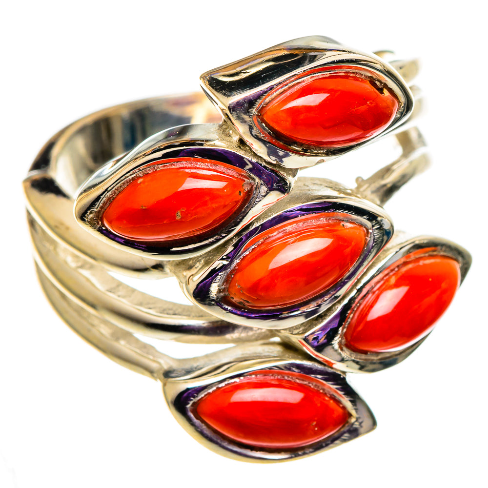 925 sterling silver coral ring with five oval red cabochons in bezel settings