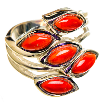 925 sterling silver coral ring with five oval red cabochons in bezel settings