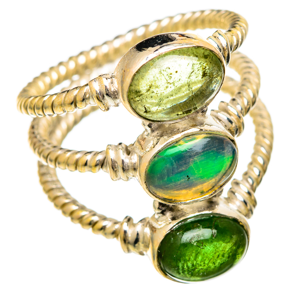 Stacked oval green gemstone sterling silver ring with iridescent center stone
