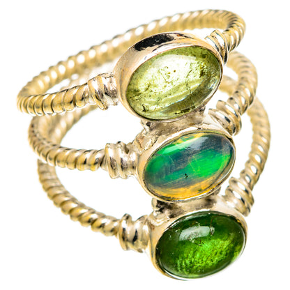 Stacked oval green gemstone sterling silver ring with iridescent center stone