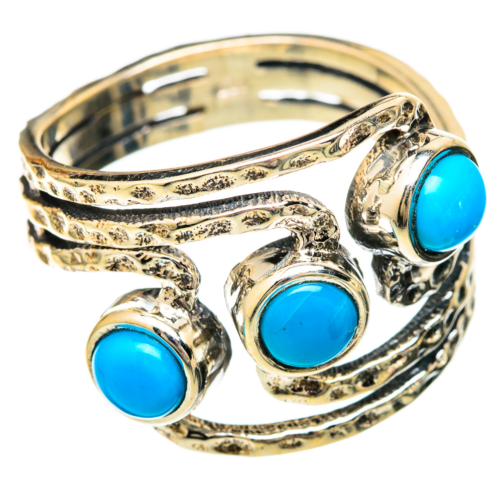 Antiqued metal finish turquoise cabochon triple-stone ring with wide openwork band