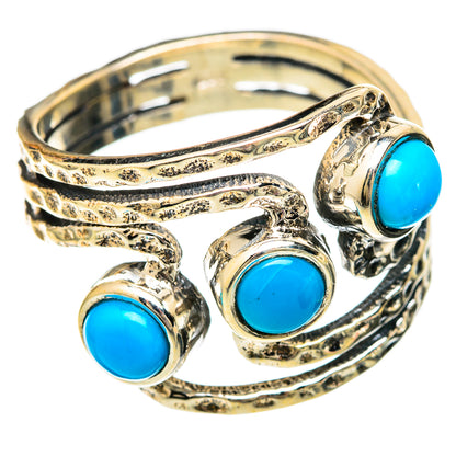 Antiqued metal finish turquoise cabochon triple-stone ring with wide openwork band
