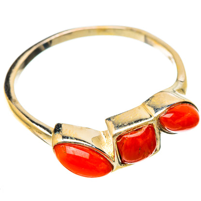 Red coral stone ring with three oval settings on polished metal band