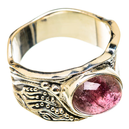 Sterling silver ring with oval pink tourmaline and engraved metal bands