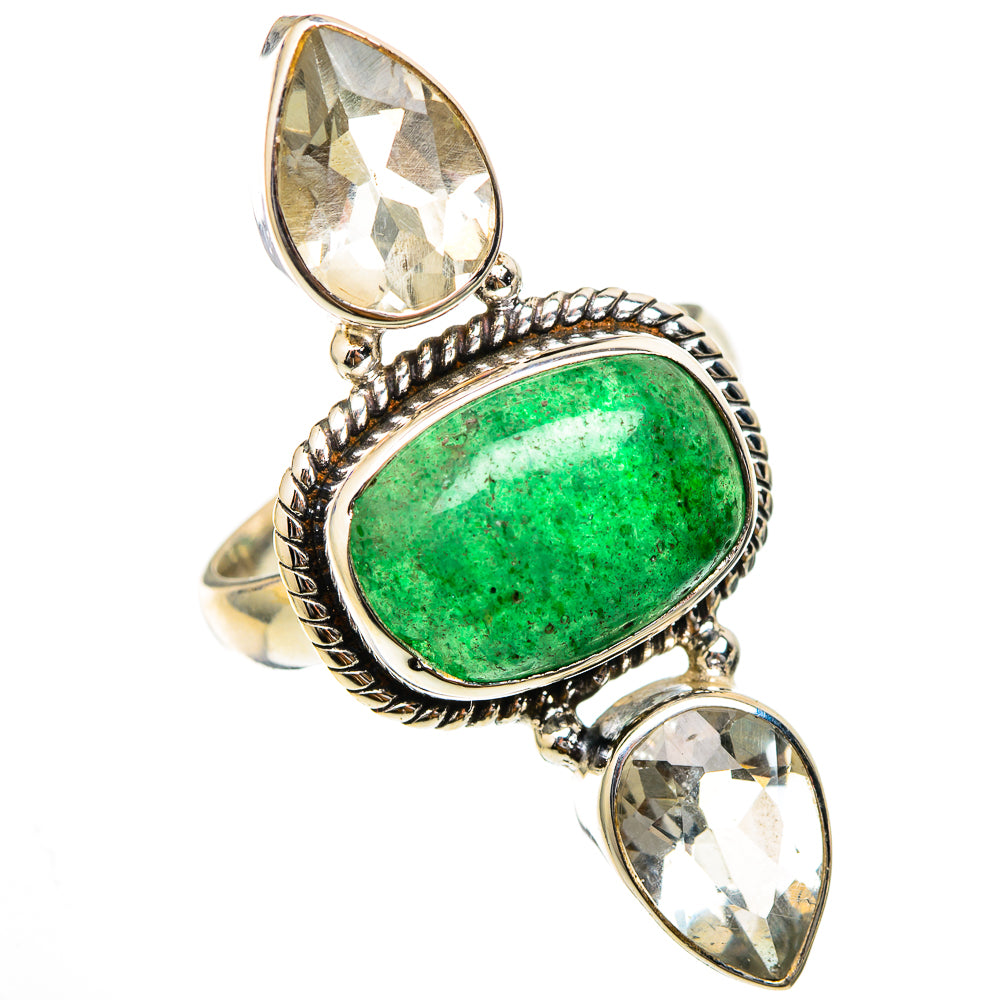 Large oval green aventurine center ring with clear side stones, sterling silver rope setting