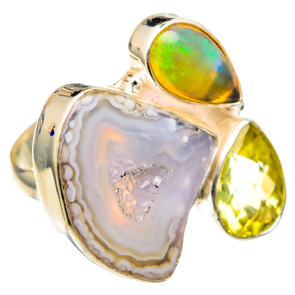 White Geode Slice, Ethiopian Opal, Citrine Rings handcrafted by Ana Silver Co - RING101900