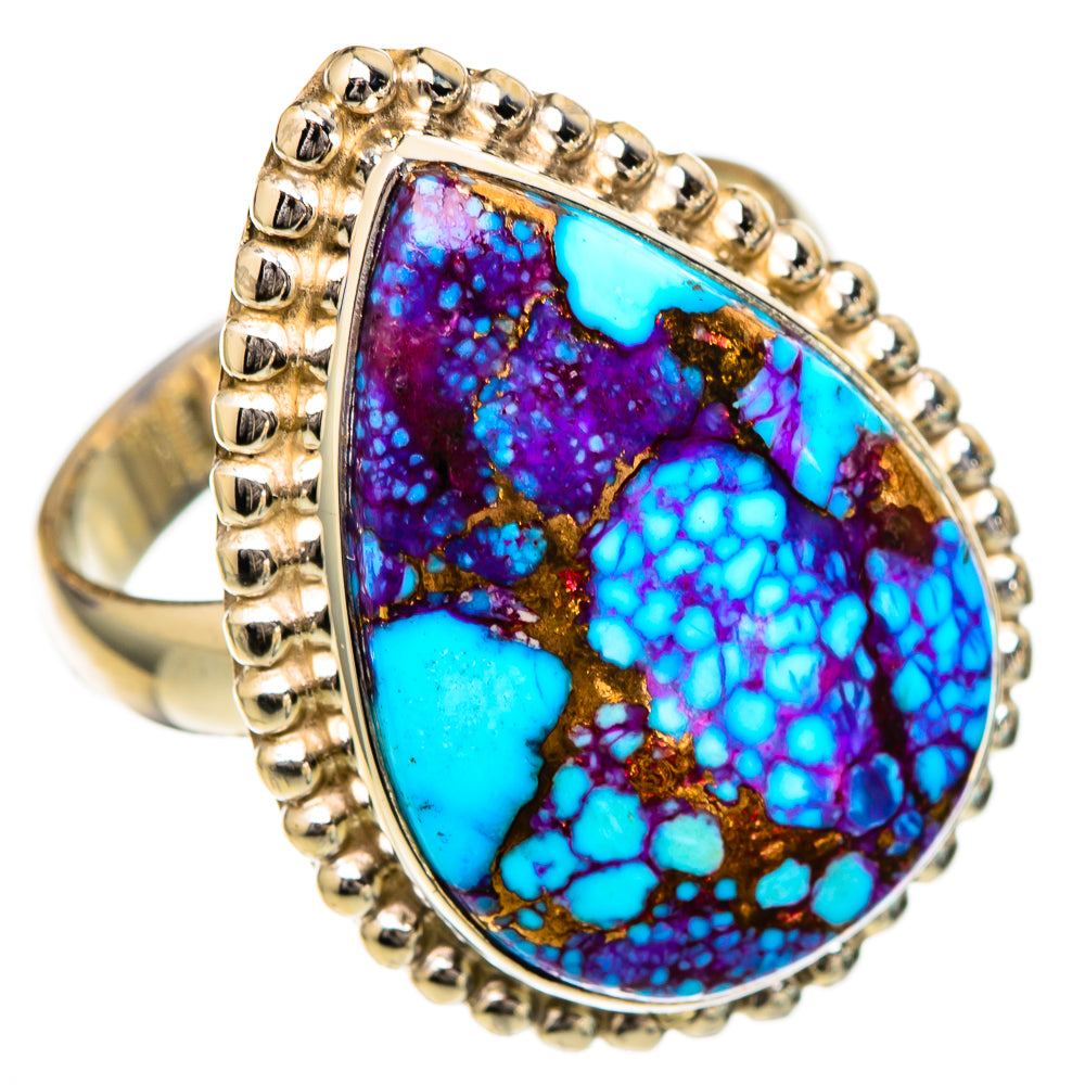 Large spiny oyster turquoise ring with oval turquoise stone, 925 silver bead setting, side view