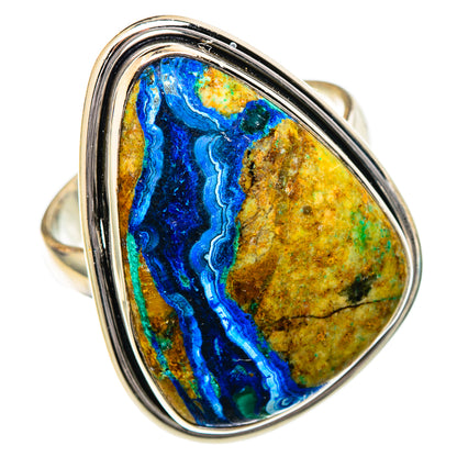 Oval blue, gold, and green stone ring in polished 925 sterling silver bezel