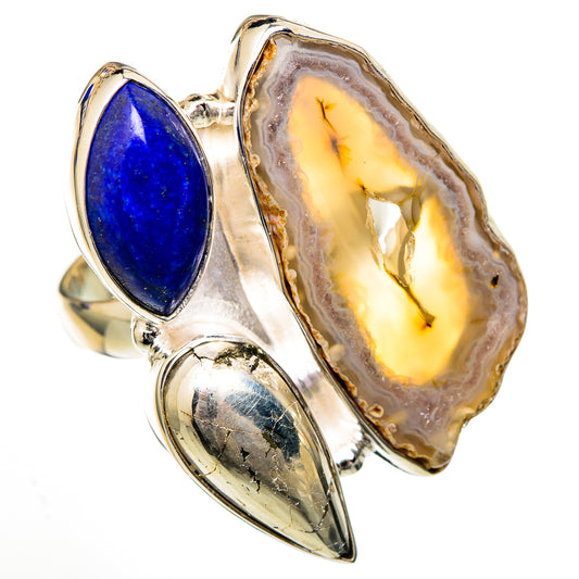 White Geode Slice, Lapis Lazuli, Pyrite Rings handcrafted by Ana Silver Co - RING102167 - Photo 2