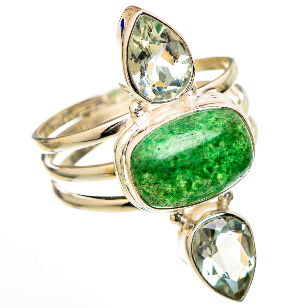 Gold-tone ring with green aventurine oval center and two clear faceted stones