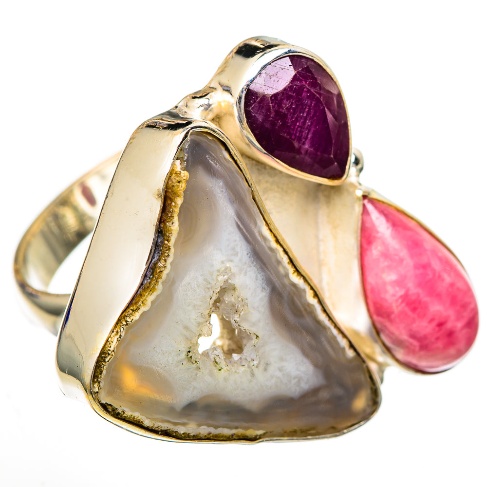 White Geode Slice, Rhodochrosite, Ruby Rings handcrafted by Ana Silver Co - RING102232 - Photo 2