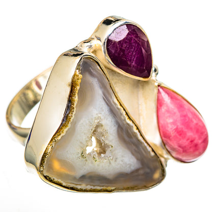 White Geode Slice, Rhodochrosite, Ruby Rings handcrafted by Ana Silver Co - RING102232 - Photo 2