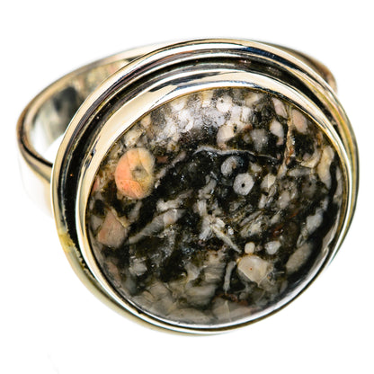 925 sterling silver ring with oval crinoid fossil cabochon, dark speckled stone