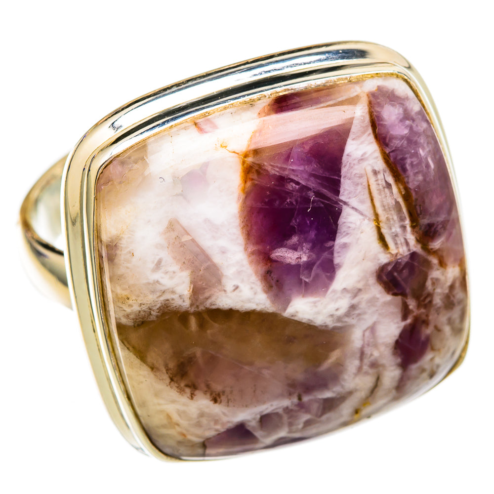 Oval bezel silver ring with marbled purple crystal and white stone, size 9