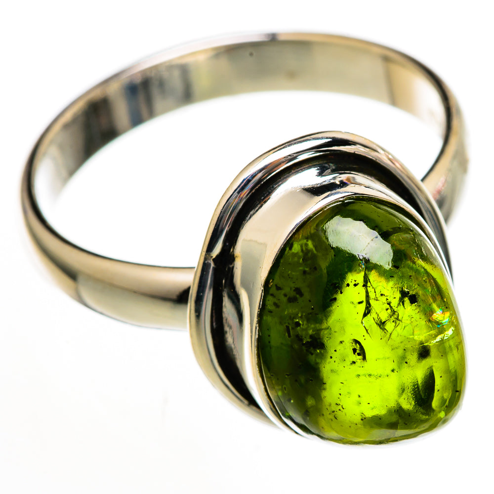 Oval green tourmaline set sterling silver ring, high-shine band