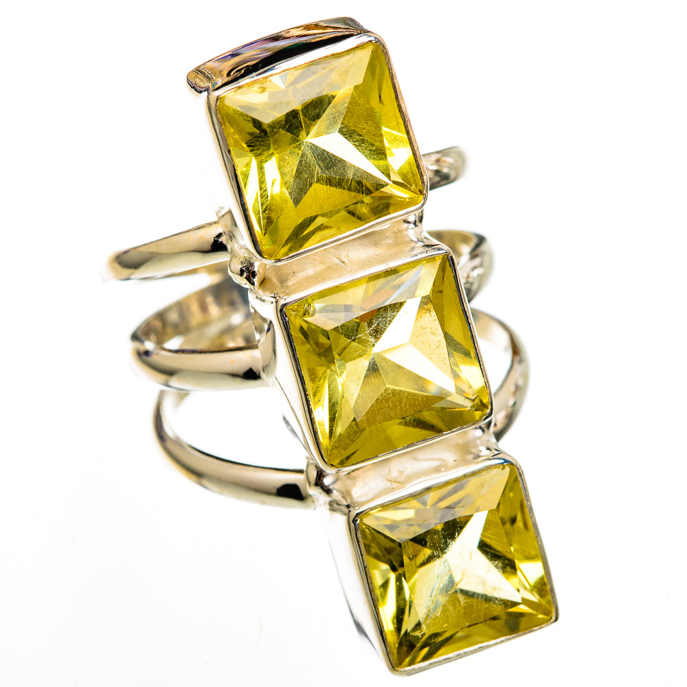 Large faceted citrine ring in sterling silver with three square yellow gemstones, side view
