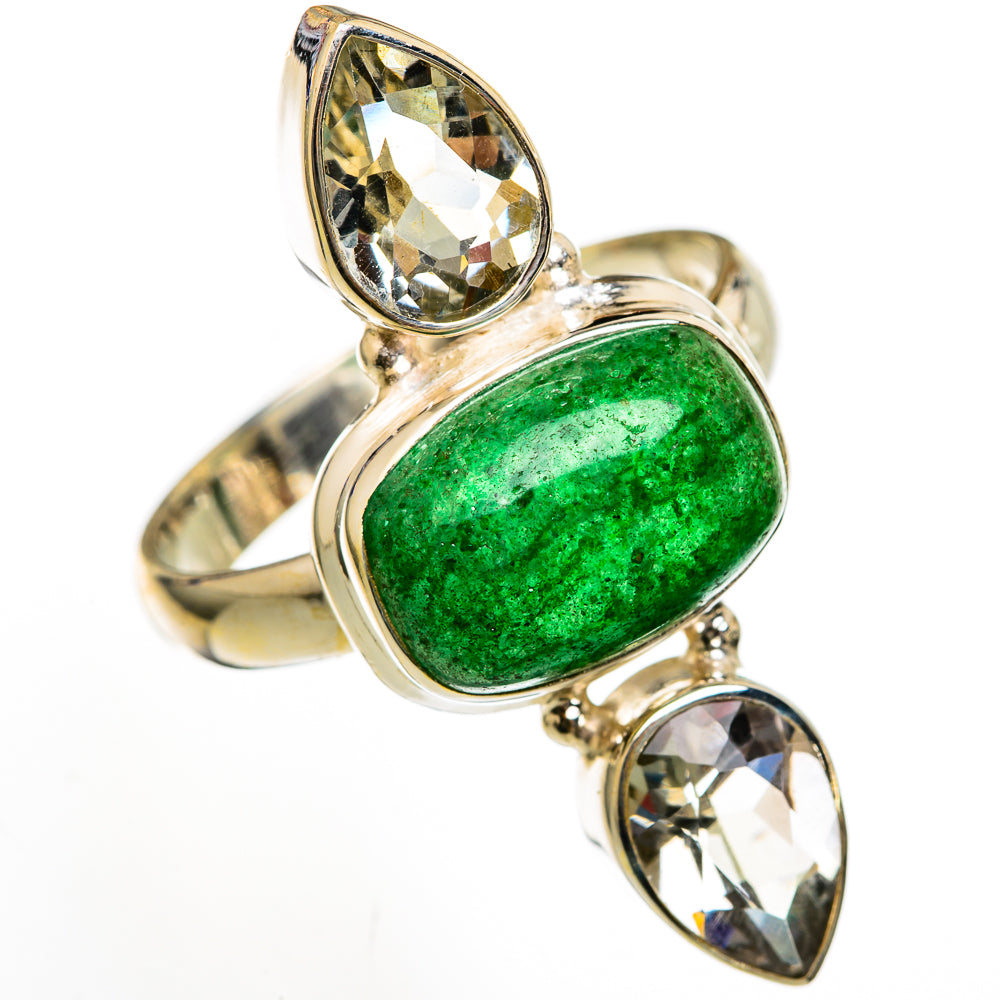 Sterling silver ring featuring green aventurine oval with two faceted clear stones