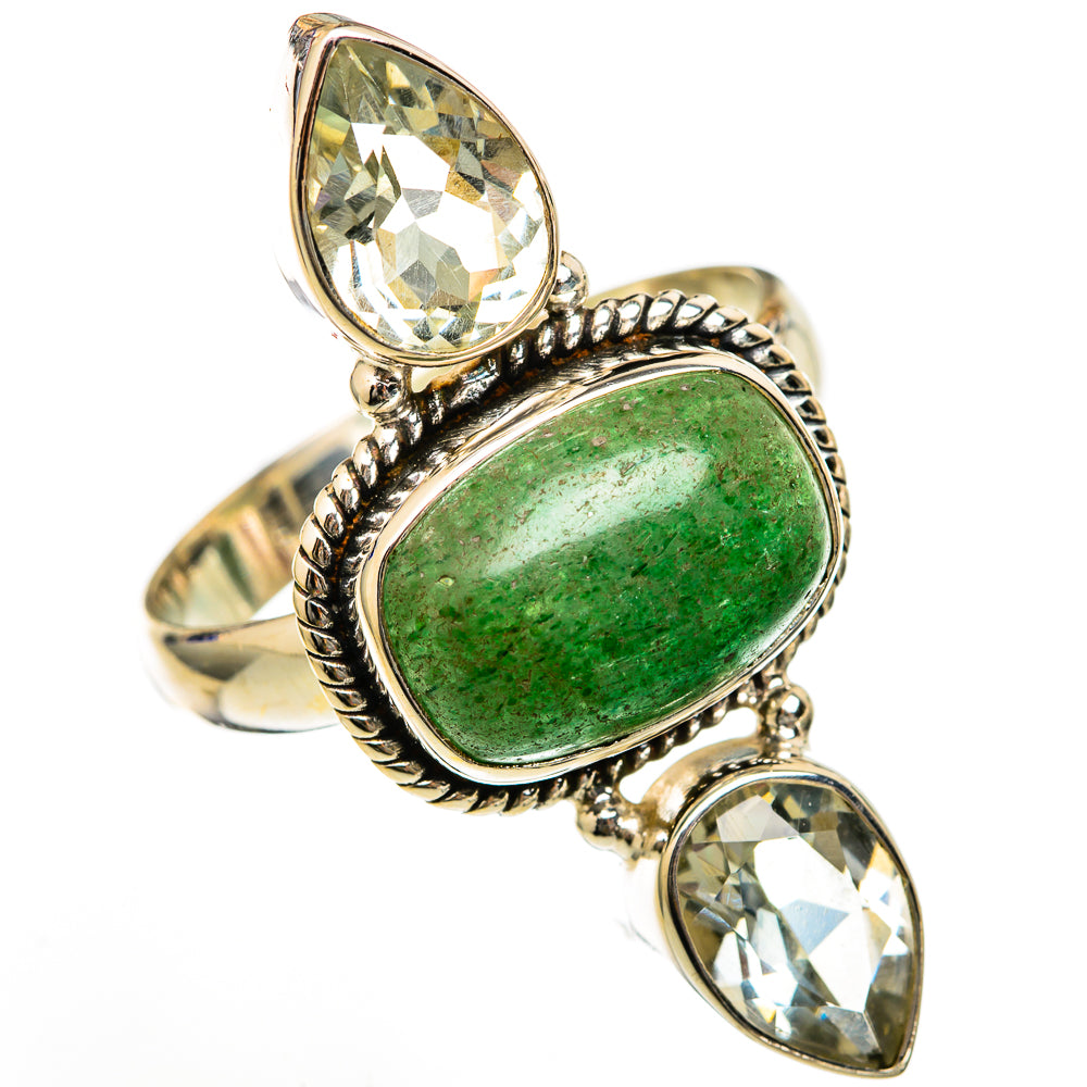 Two clear quartz stones with oval green aventurine ring, 925 sterling silver