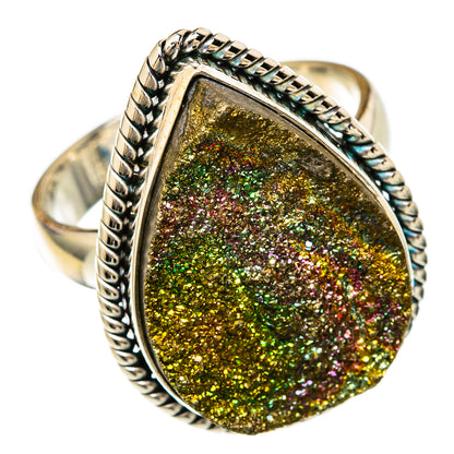 Sterling silver druzy teardrop ring, glittering gold-green-pink mineral centerpiece