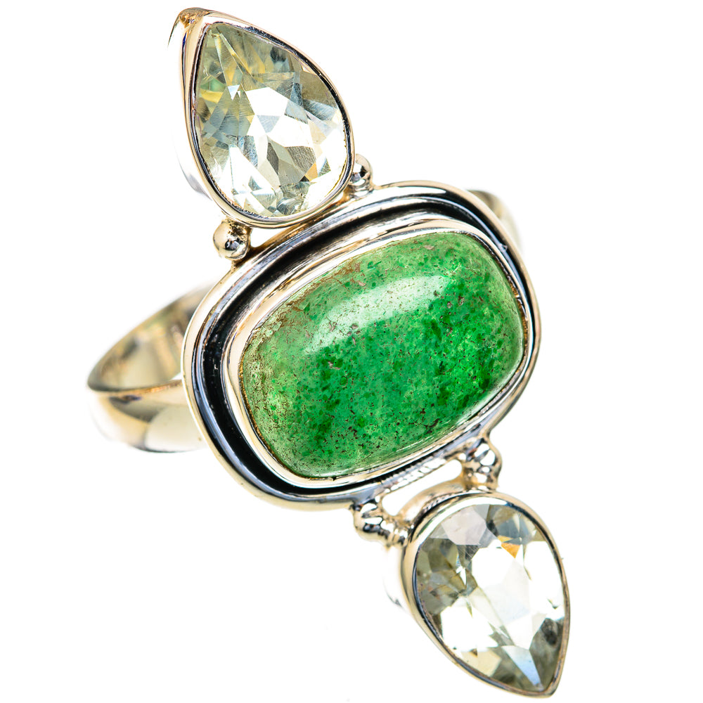 Sterling silver ring with green oval center stone and two faceted clear pear stones