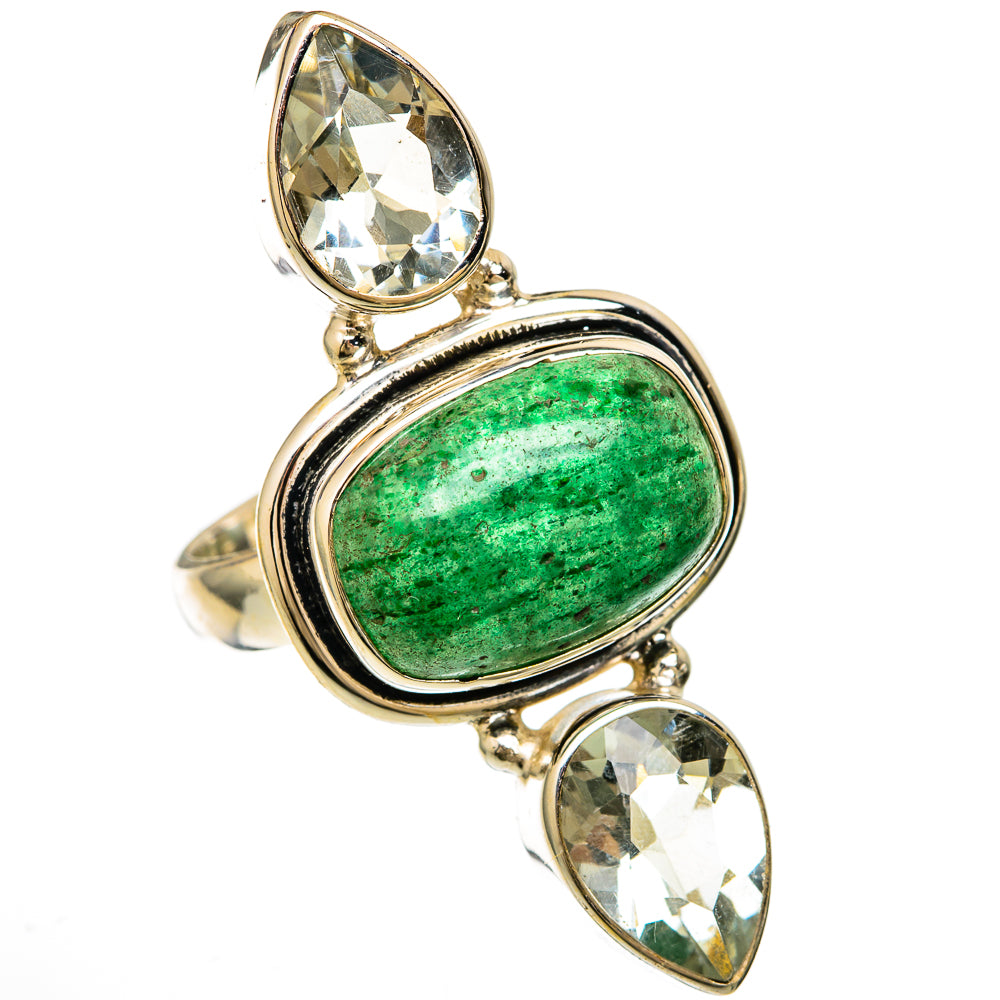 Oval green aventurine ring with 2 oval white quartz stones, 925 sterling silver