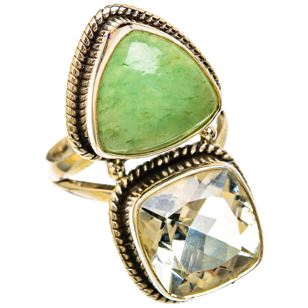 Large green aventurine and clear quartz double-stone ring in 925 sterling silver