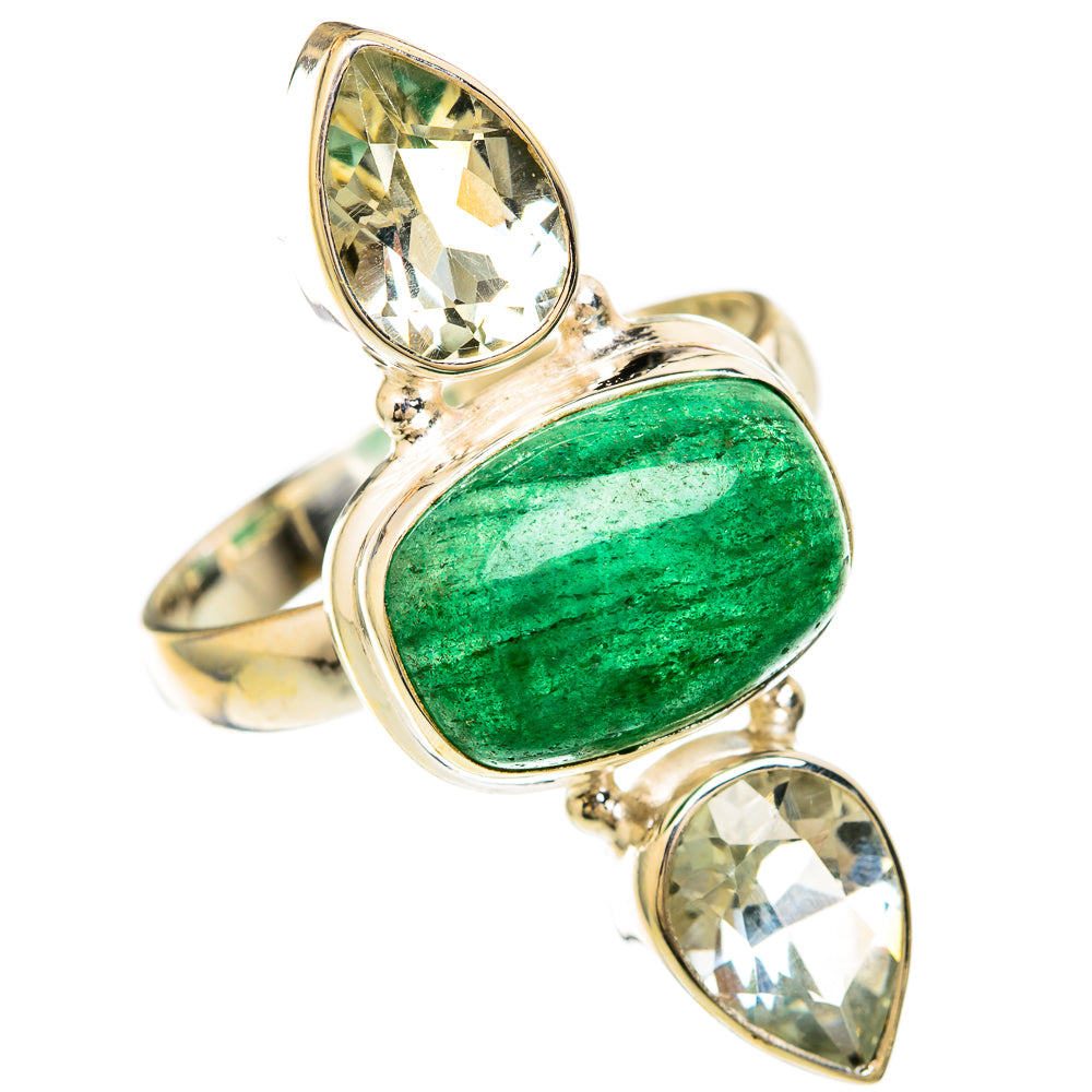925 sterling silver ring with green oval aventurine center and two clear oval stones
