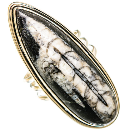 Huge oval fossil ring with black-and-white stone set in sterling silver