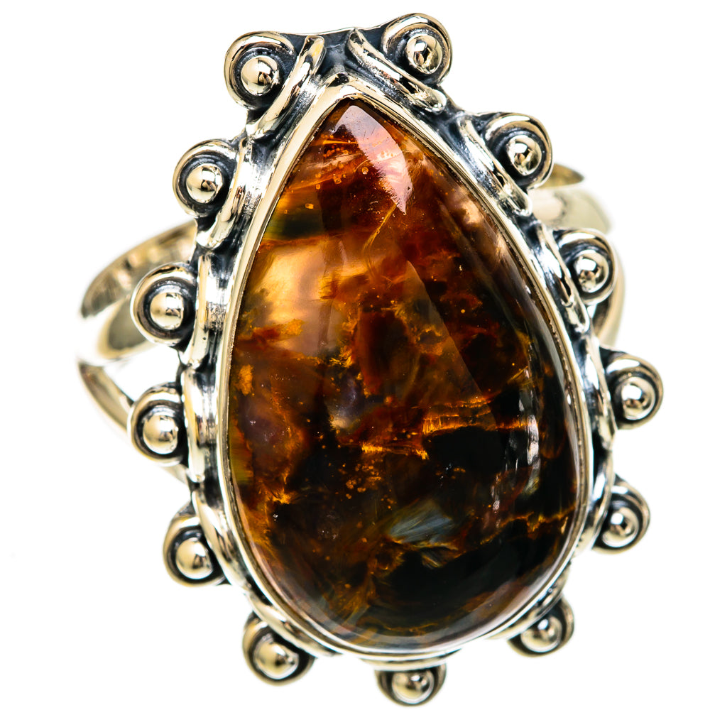 Oval amber pietersite cabochon sterling silver ring with beaded halo and open setting