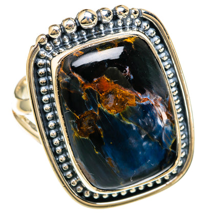 925 sterling silver oval bezel ring with pietersite stone, blue and orange marbling
