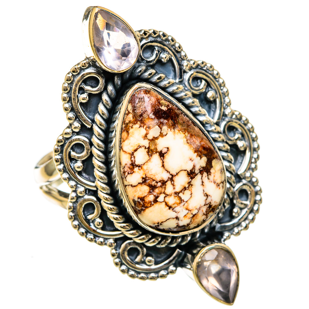 Sterling silver oval wild horse jasper ring with filigree setting and two rose quartz accents