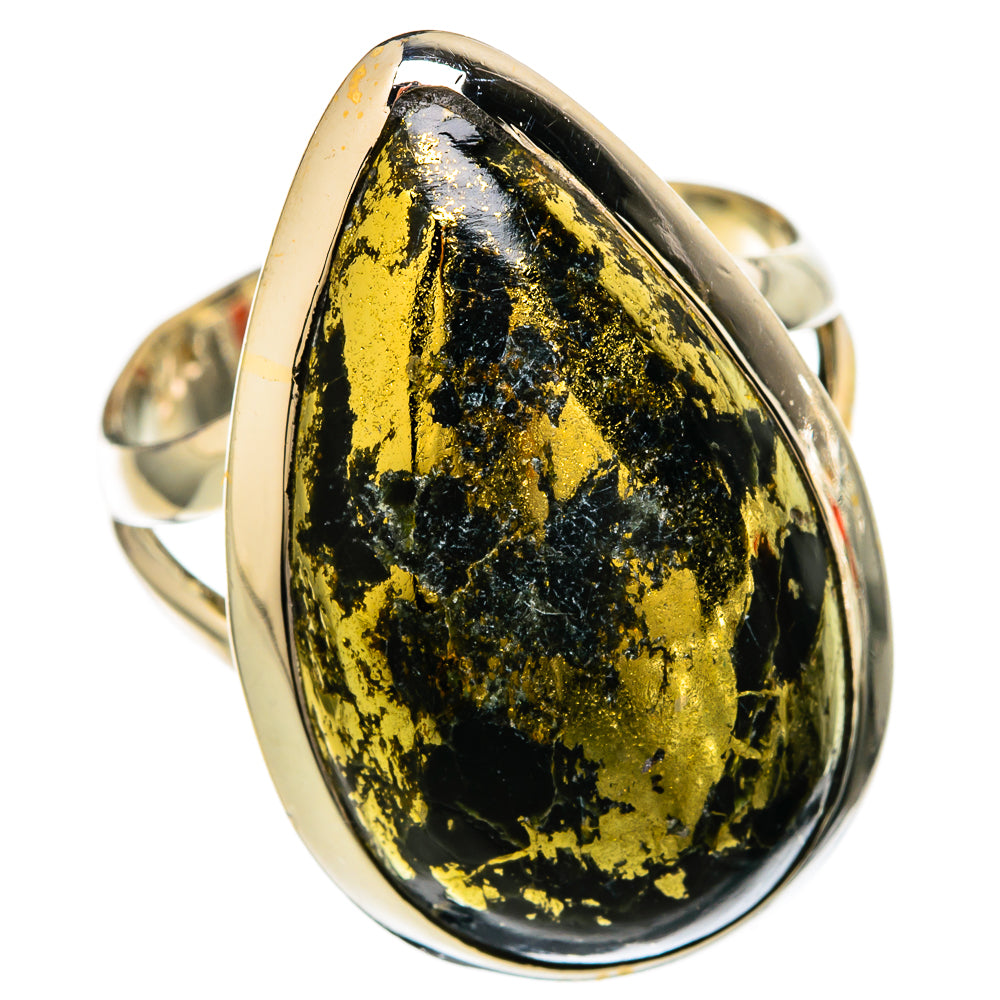 Oval black-and-gold pyrite-style stone ring in polished silver bezel, band visible
