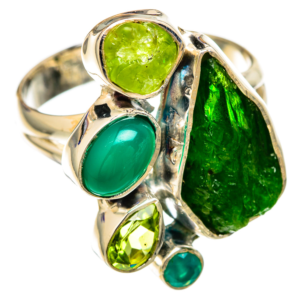 925 sterling silver green gemstone ring with large oval and round bezel-set stones
