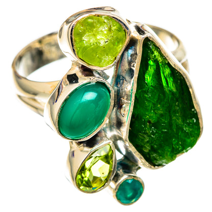 925 sterling silver green gemstone ring with large oval and round bezel-set stones