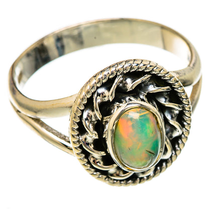 Oval Ethiopian opal cabochon ring in ornate 925 sterling silver bezel, size 8.5