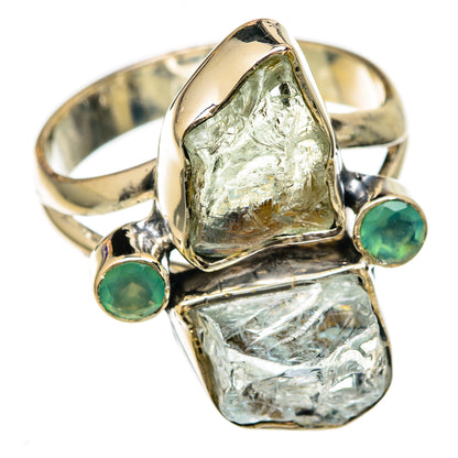 Aquamarine chalcedony rough gemstone ring in silver with two round green side stones