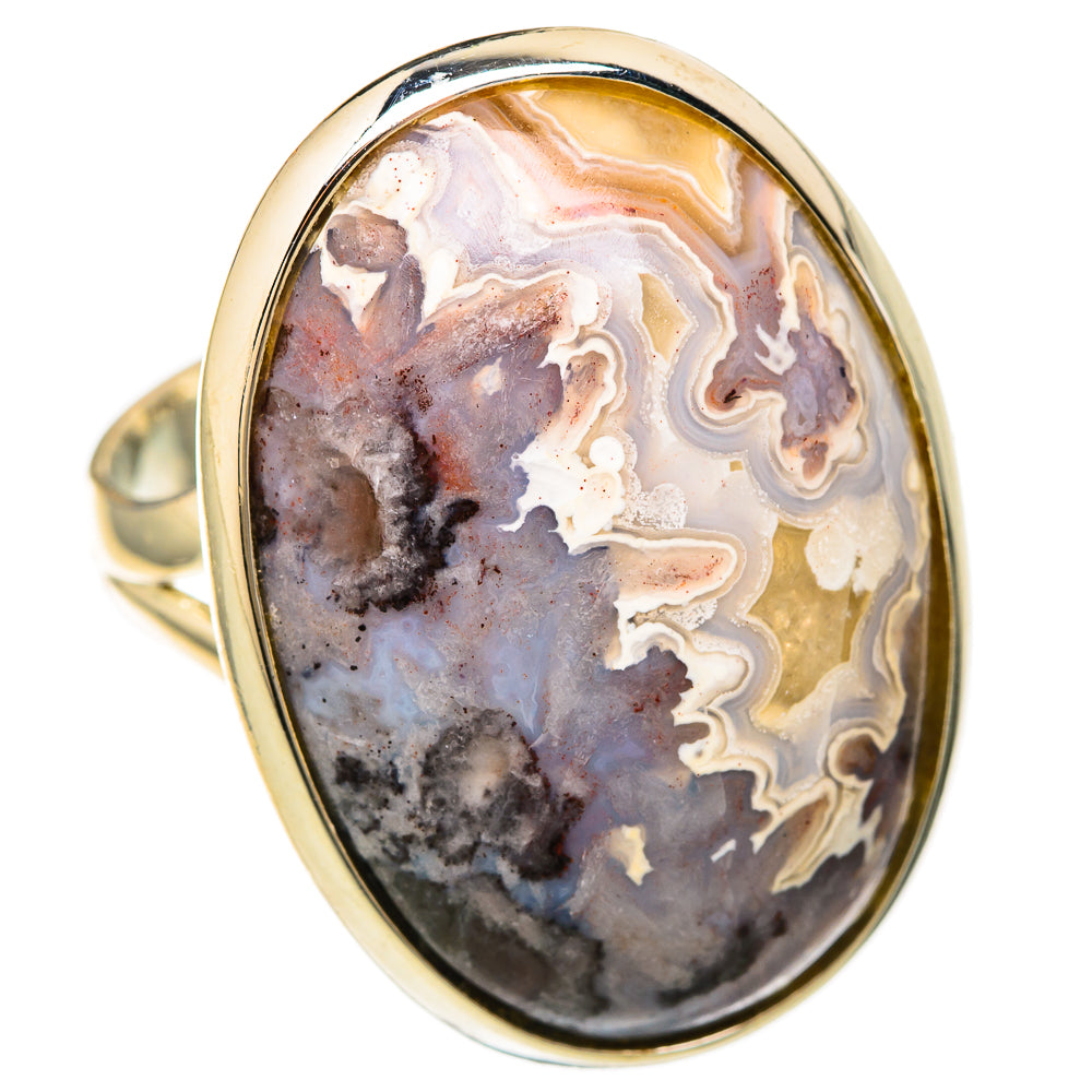 Oval lace agate ring with polished 925 sterling silver bezel, dark purple and cream bands