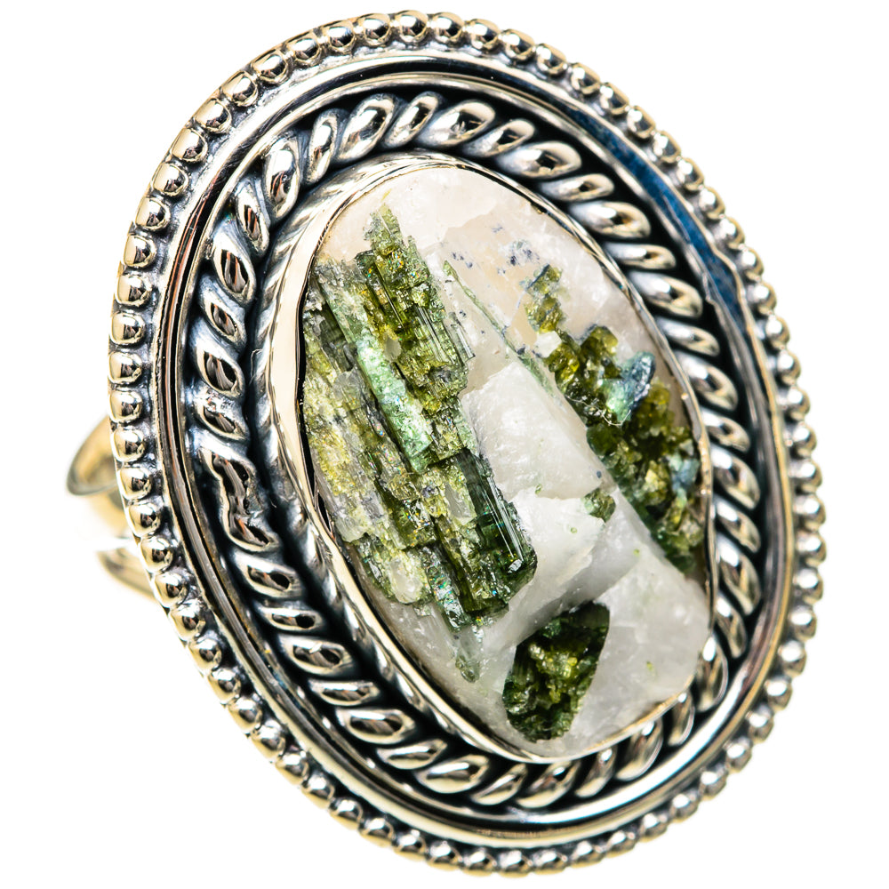 Oval green tourmaline in quartz ring in 925 sterling silver with braided bezel.
